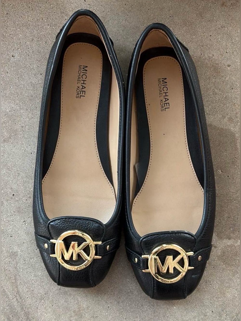 Michael Kors Black Leather Flats with Gold MK Emblem
